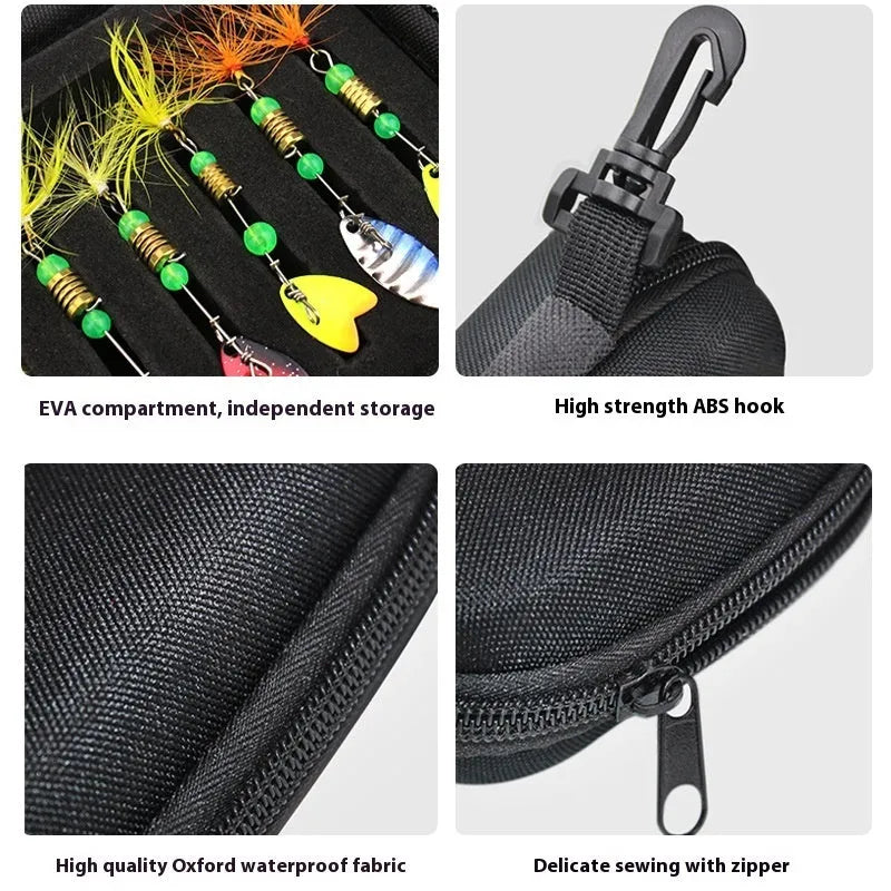 Sixteen composite fishing lures in various colours stored in a 1680D Oxford cloth case