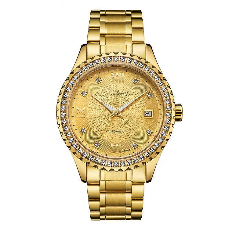 Fashionmonger men's automatic mechanical watch with a gold case and black dial, showing luminous hands.