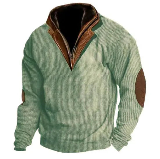 Men's stand collar pullover sweater in beige, breathable polyester fiber, long sleeves, outdoor casual wear
