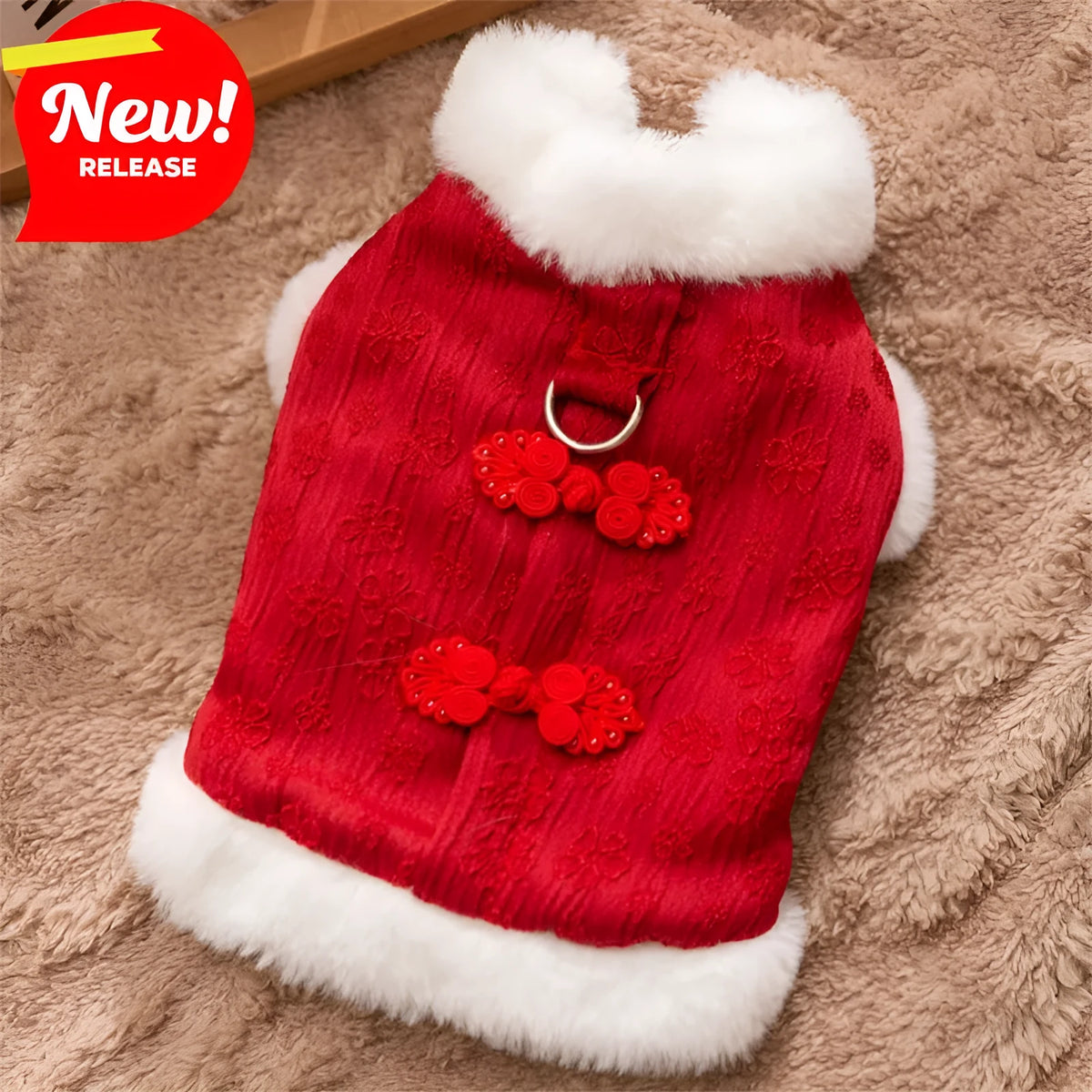 Red Chinese-style cotton dog coat for small dogs, thick material, plush lining, sizes XS-XXL