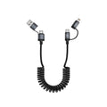 Two Fast Charge car spring wire data cable in black with Lightning and Type-C connectors, 1.5m length, TPU material
