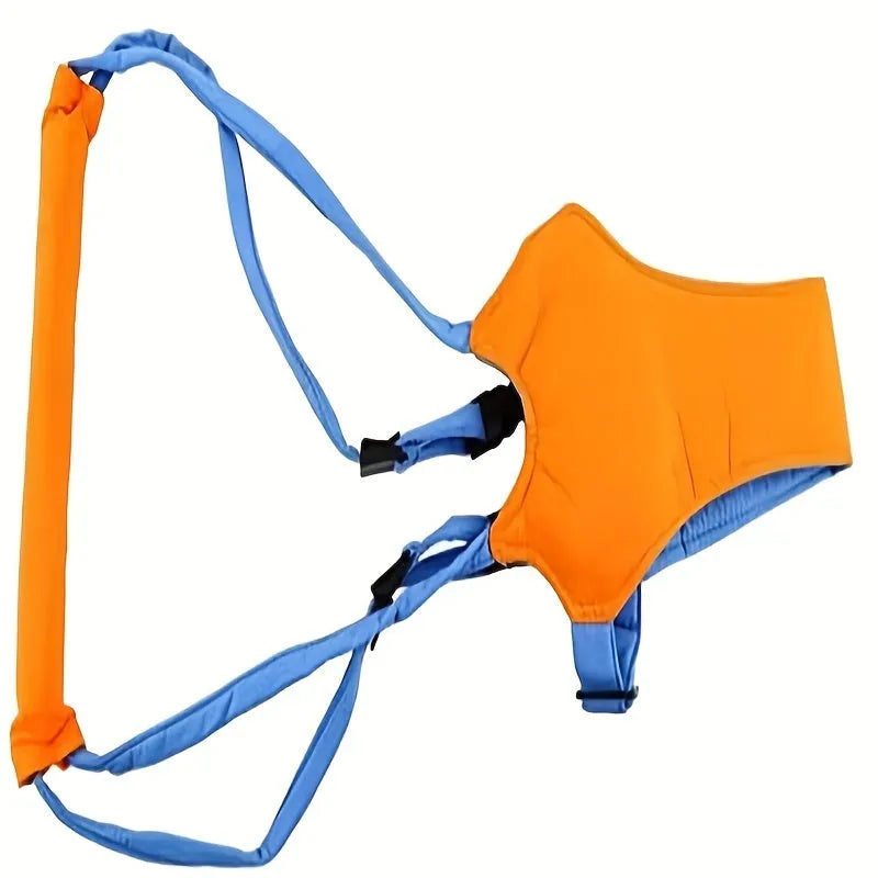 Baby toddler walking harness in orange and blue with adjustable strap and plastic locks