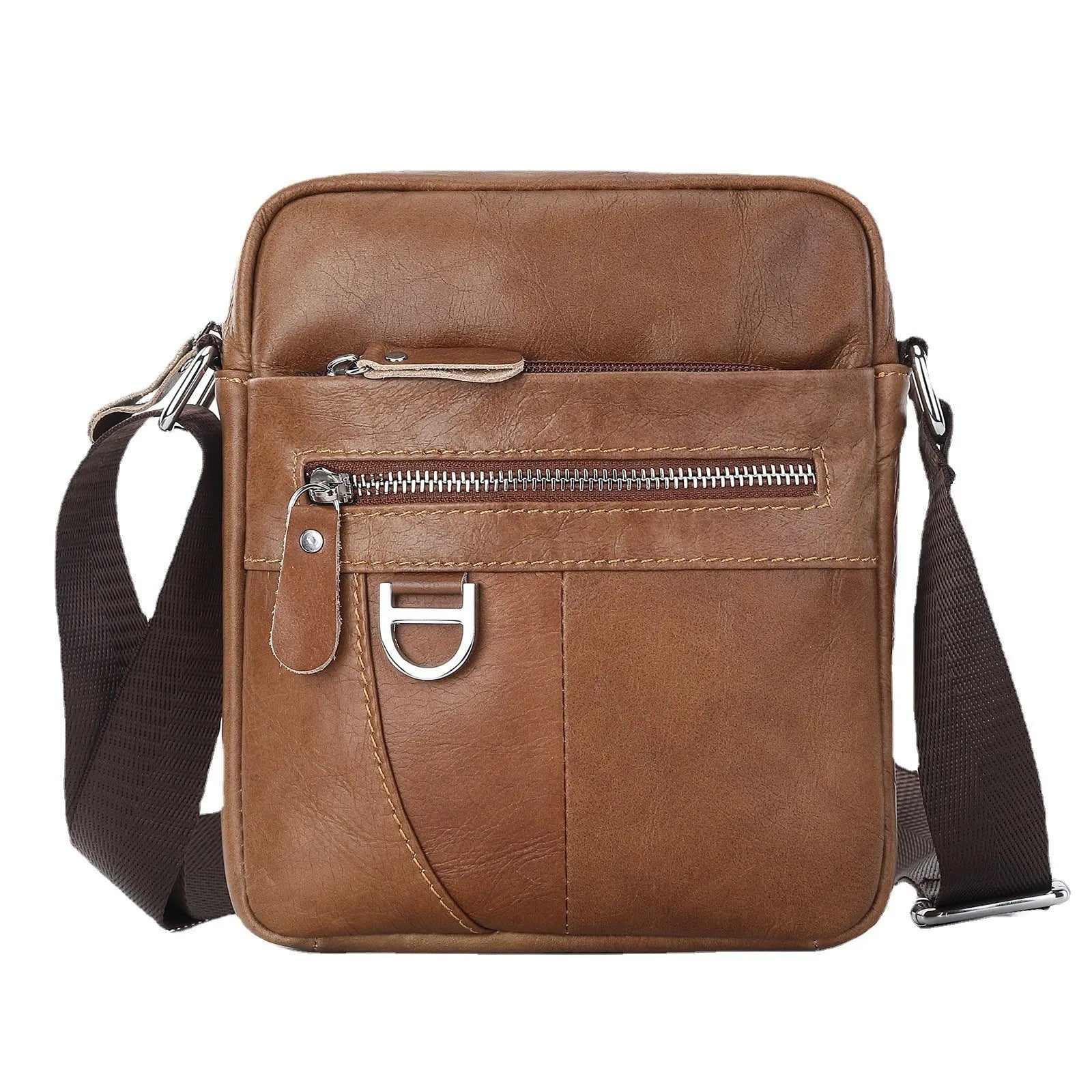 Brown genuine leather messenger bag with crossbody strap showing sewing-line detailing