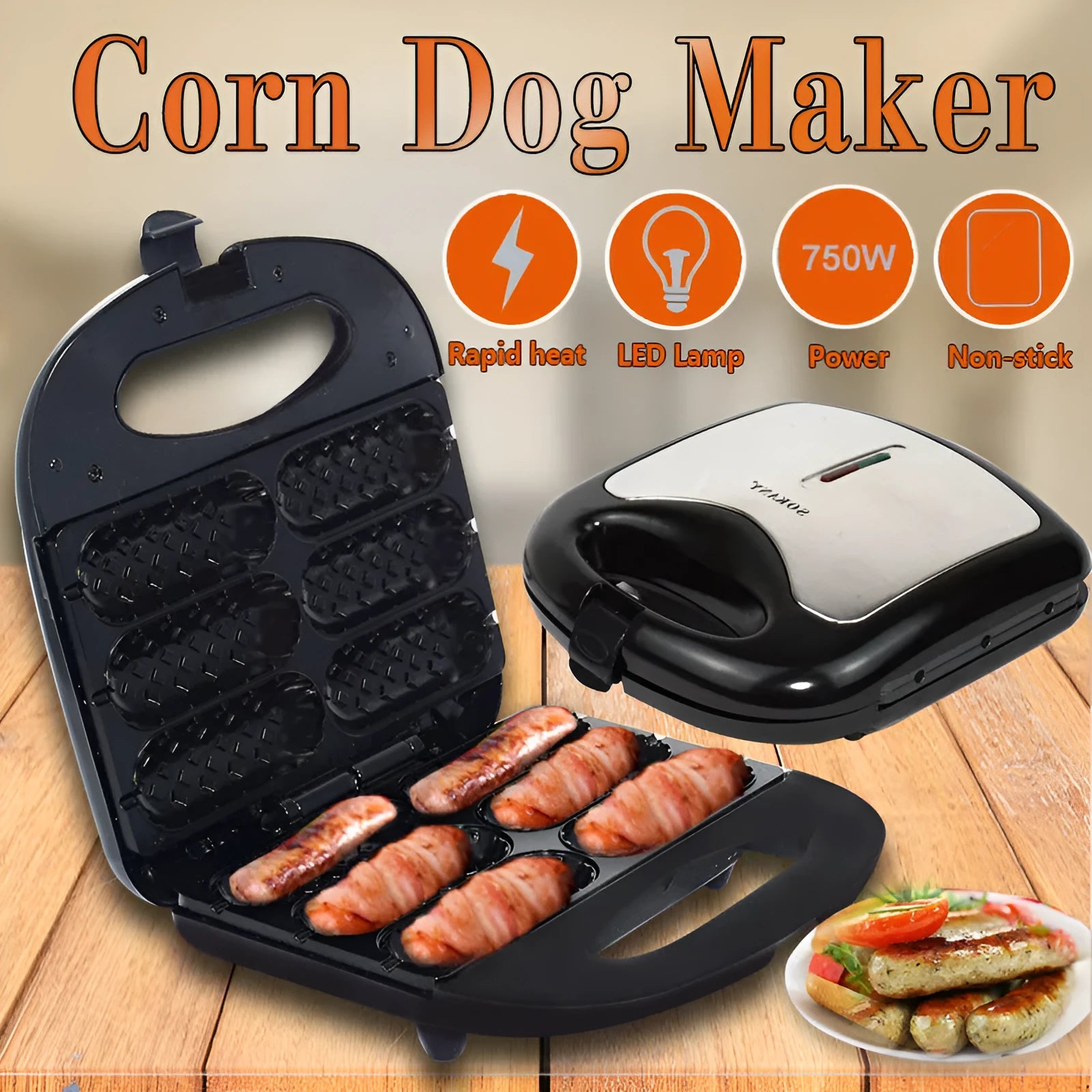 Black hot dog roast sausage frying machine with non-stick surface on kitchen counter