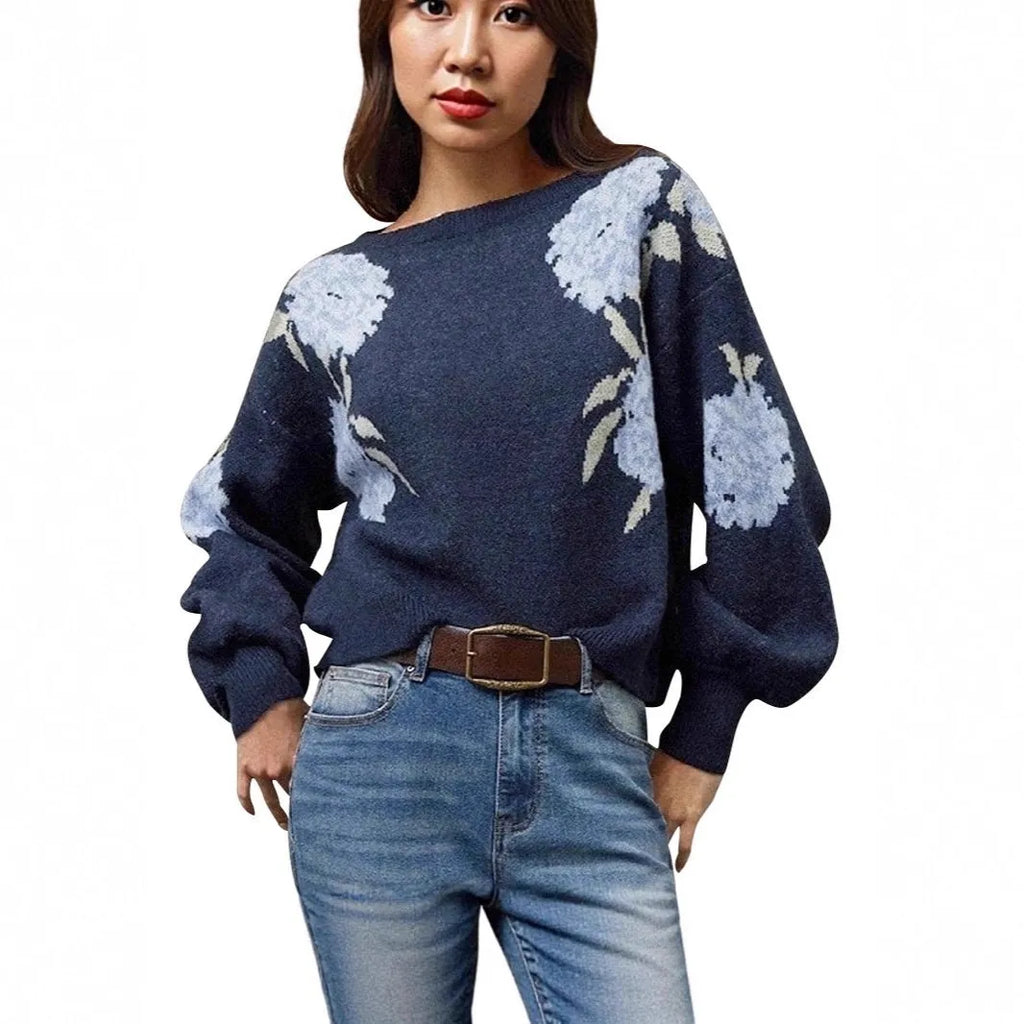 Sapphire blue women's loose pullover with off-neck and flower jacquard design