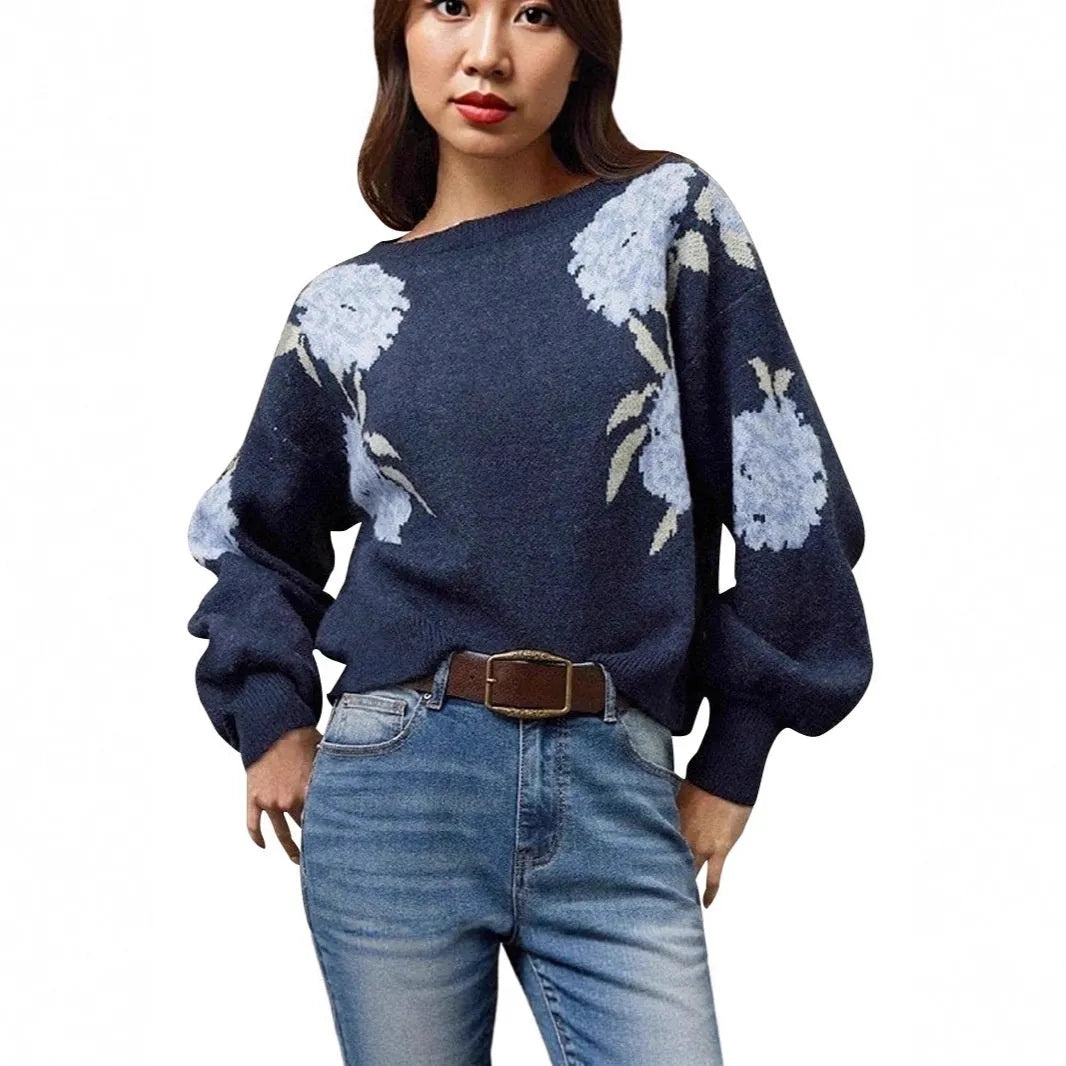 Sapphire blue women's loose pullover with off-neck and flower jacquard design
