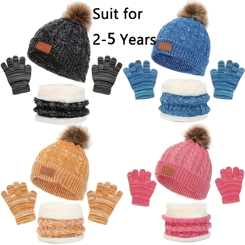 Children's knitted hat, scarf and gloves set in acrylic, single ball design, available in black, blue, rose red or yellow