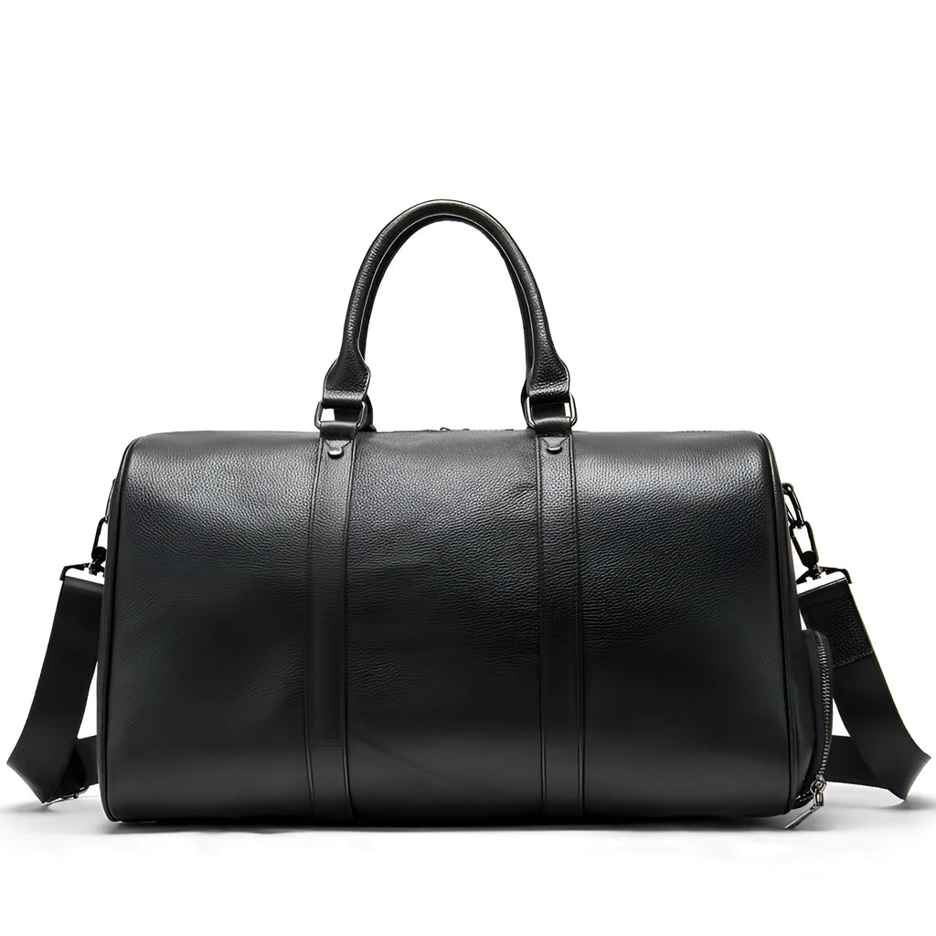 Men's black leather excursion bag with single strap and large capacity