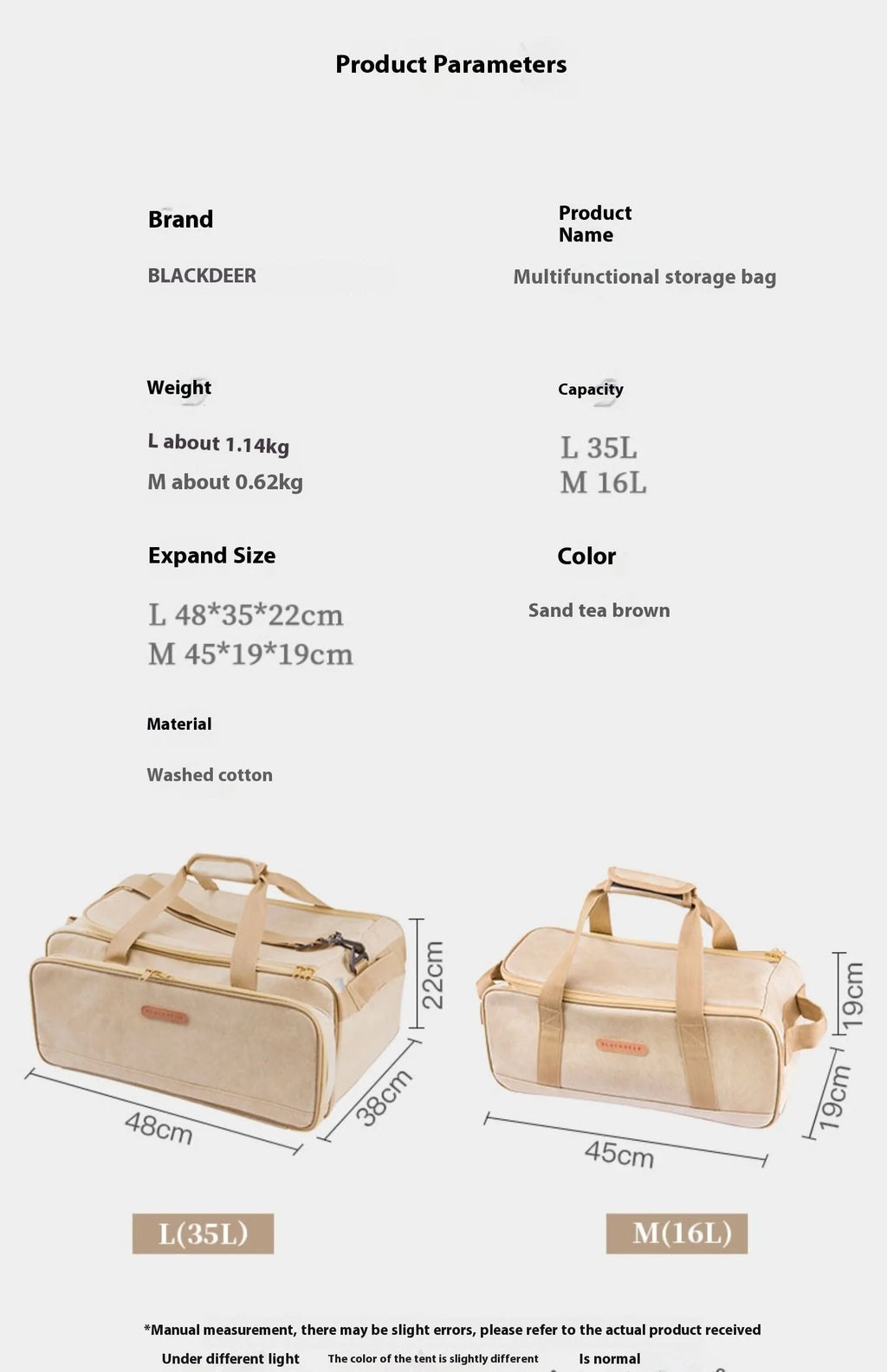Oxford cloth camping cookware storage bag shown in two sizes, 16 litre and 35 litre, for portable stoves.