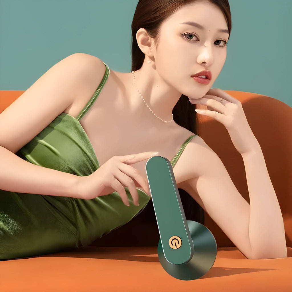 Green pilling ball remover fabric shaver with USB charging port, 8W, for removing lint and fuzz from sweaters