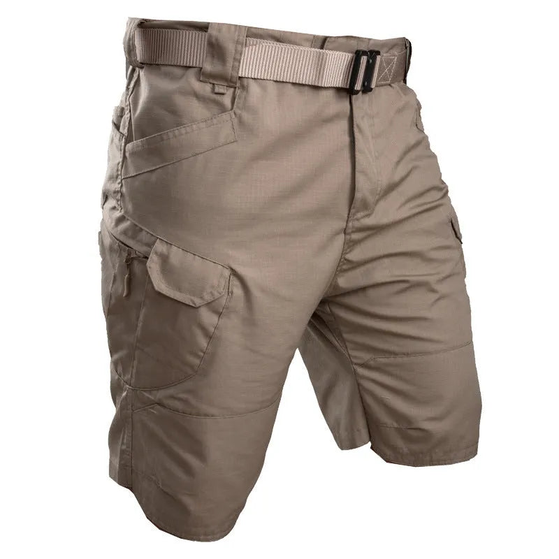 IX7 men's tactical shorts in cotton blend fabric shown in a camouflage colour, featuring a button fly.