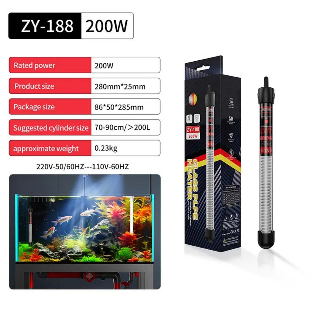 Aquarium glass pipe heater with quartz thermostat for fresh and sea water tanks, available in 25W to 300W.