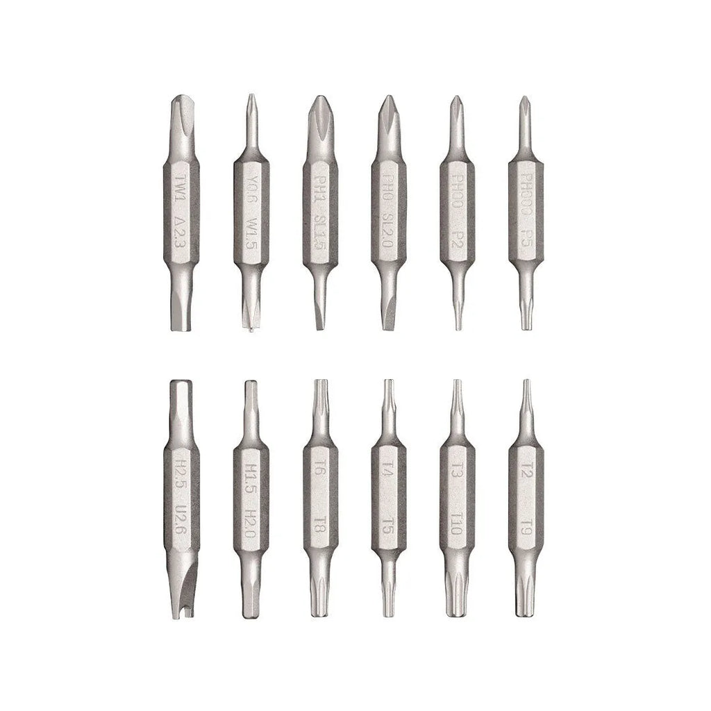 Green precision screwdriver set with 24 bits for mobile phone and computer repair disassembly.