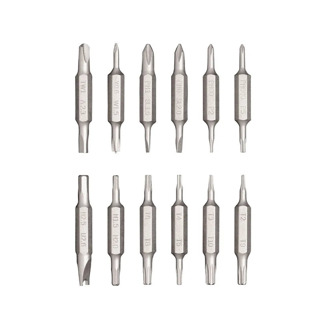 Green precision screwdriver set with 24 bits for mobile phone and computer repair disassembly.
