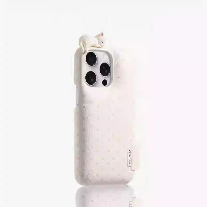 Rose pink imitation leather iPhone case with 3D kitten and polka dot soap shell design, anti-fall cover