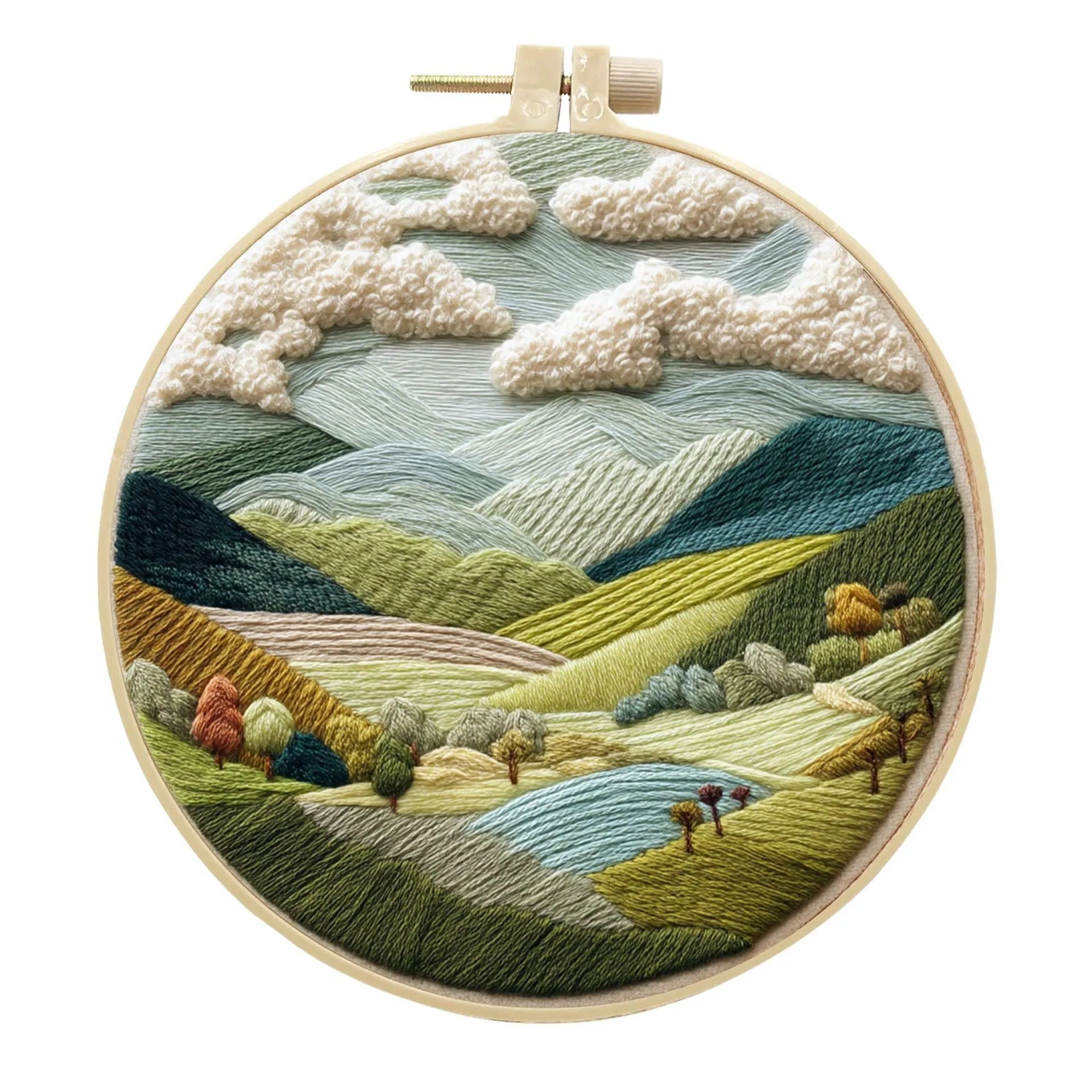 Embroidery DIY kit with 15cm bamboo frame, cotton linen fabric, and landscape design for handmade cloth art