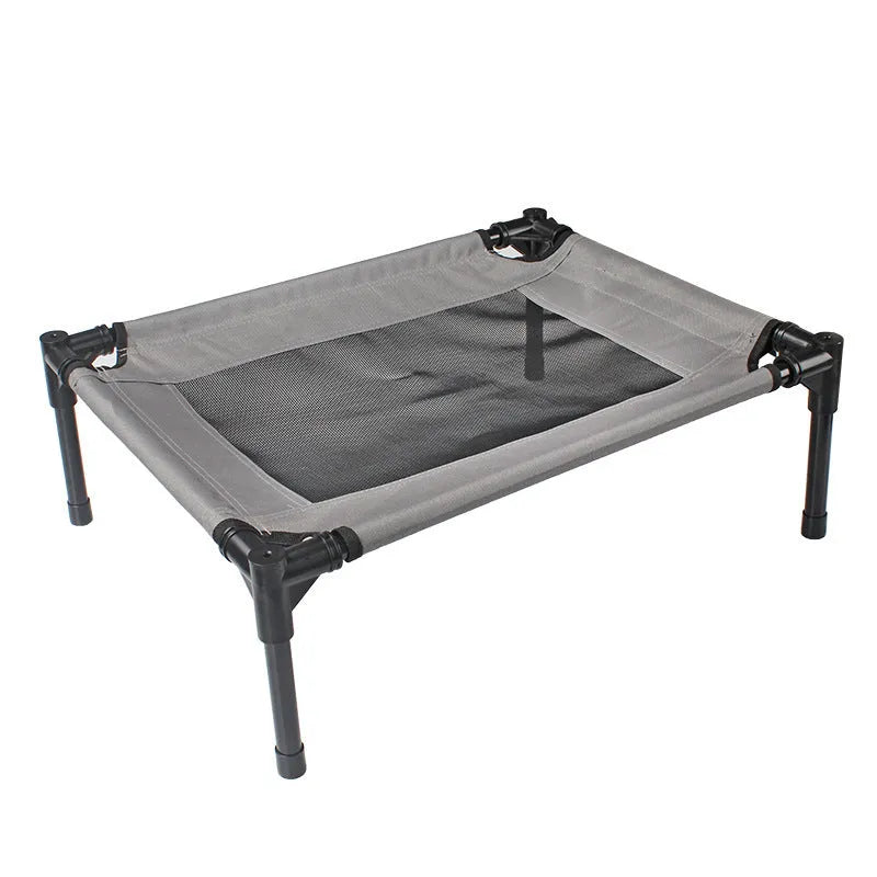 Black portable outdoor dog bed with steel frame and Oxford cloth cover for camping and travel