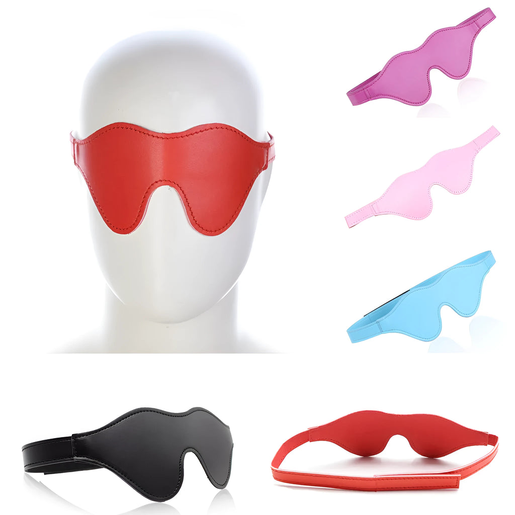 Women's black leather eye mask with 3D shape, Velcro strap, and metal rivet details.