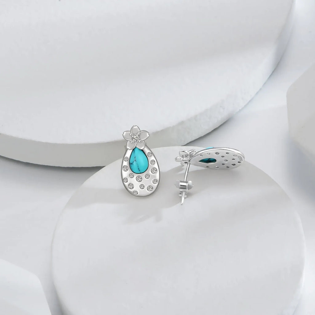 Turquoise cherry blossom 925 sterling silver stud earrings with cubic zirconia, white gold plated
