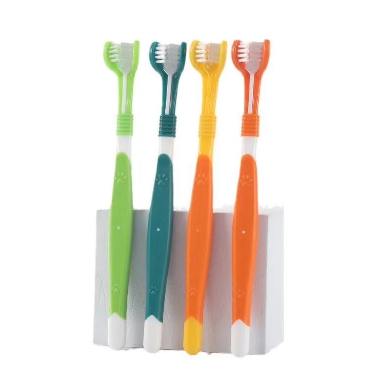 Pet toothbrush in assorted colours including orange, green, yellow, blue pink, and black and yellow.