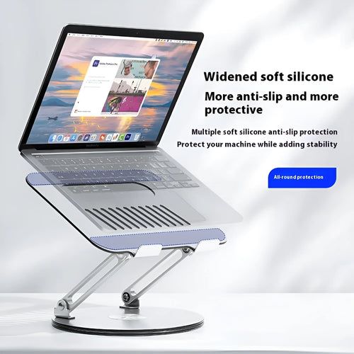 Silver aluminum alloy laptop stand with adjustable height and rotatable features
