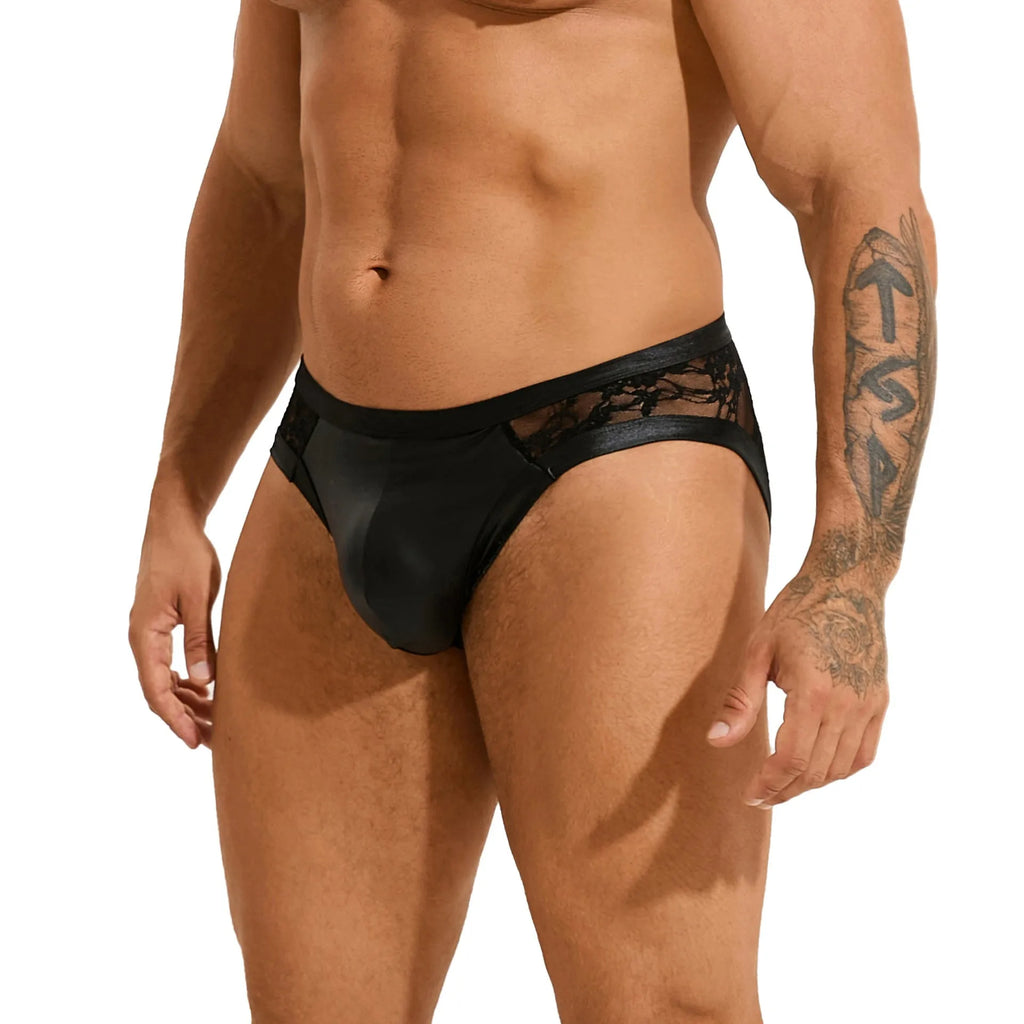 Black men's faux leather briefs with decorative stitching and lace trim.