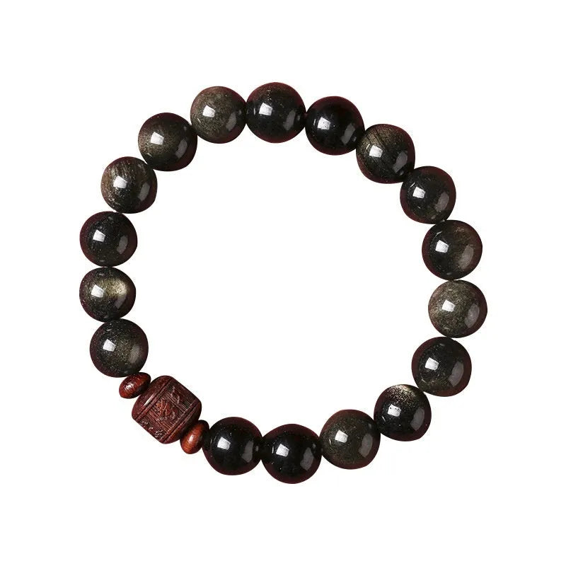 Golden obsidian vintage life bracelet with 10mm hand-woven beads and national style elements