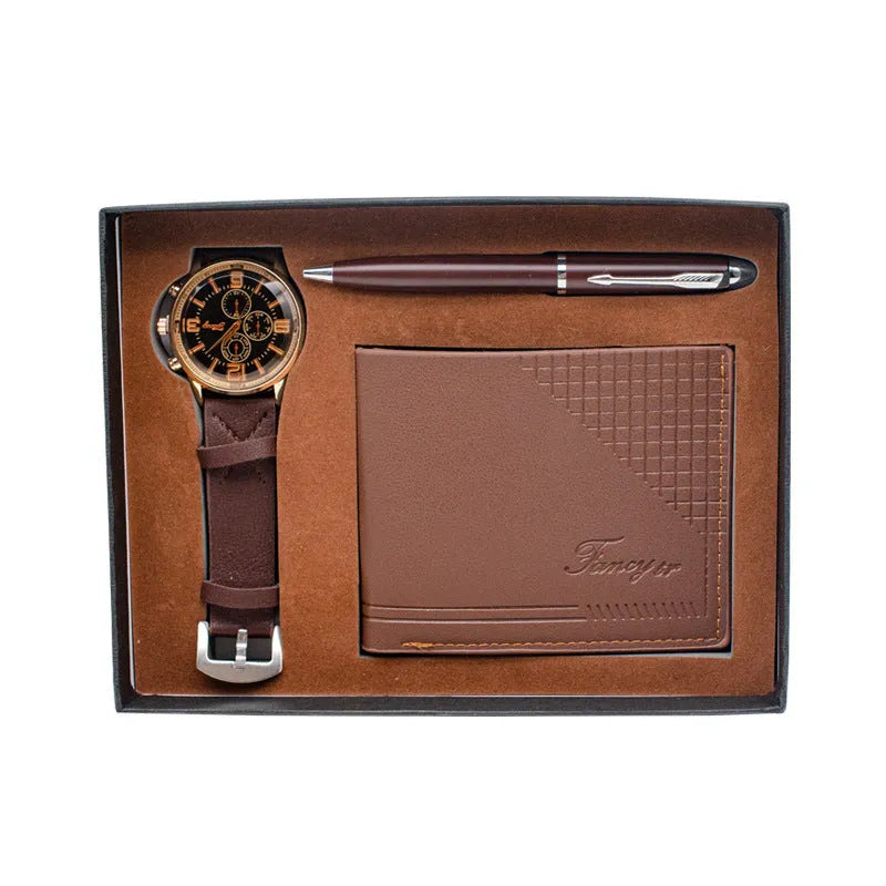 Creative holiday gift set showing wallet, pen, and watch in a brown and black modern gift box.