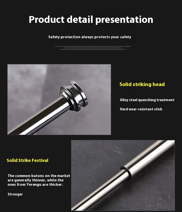 Titanium black aluminium alloy automatic spring expandable baton in collapsed and extended states.