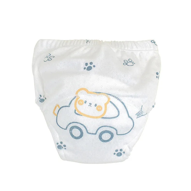 Washable pure cotton cloth diaper training pant with waterproof layer in bear and strawberry rabbit designs, sizes 90-110.