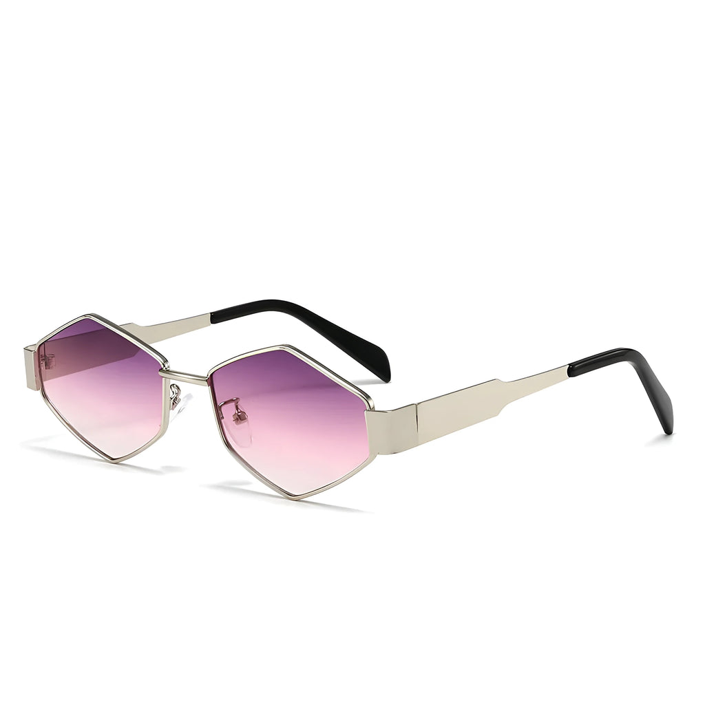Cool polygon rhombus metal sunglasses with hexagon style, black frame and black grey lens
