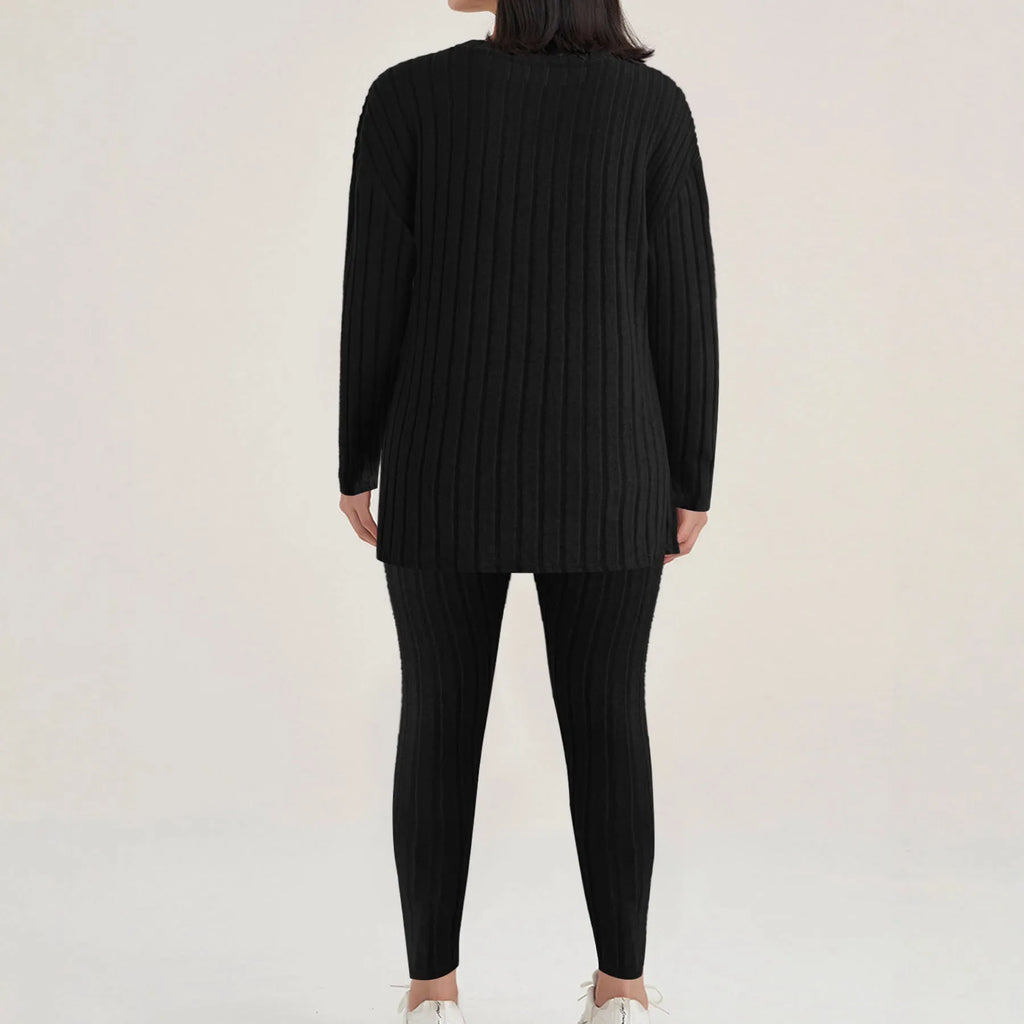Plus size sunken stripe two-piece homewear set with long sleeve top and trousers in blue