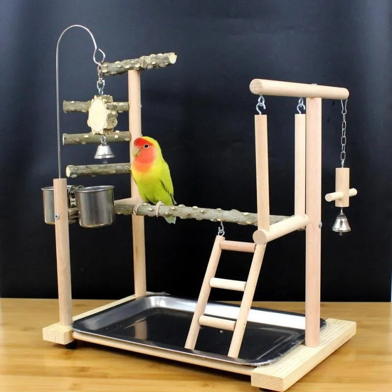 Pepper wood parrot stand with multi-level poles and an integrated bird toy.