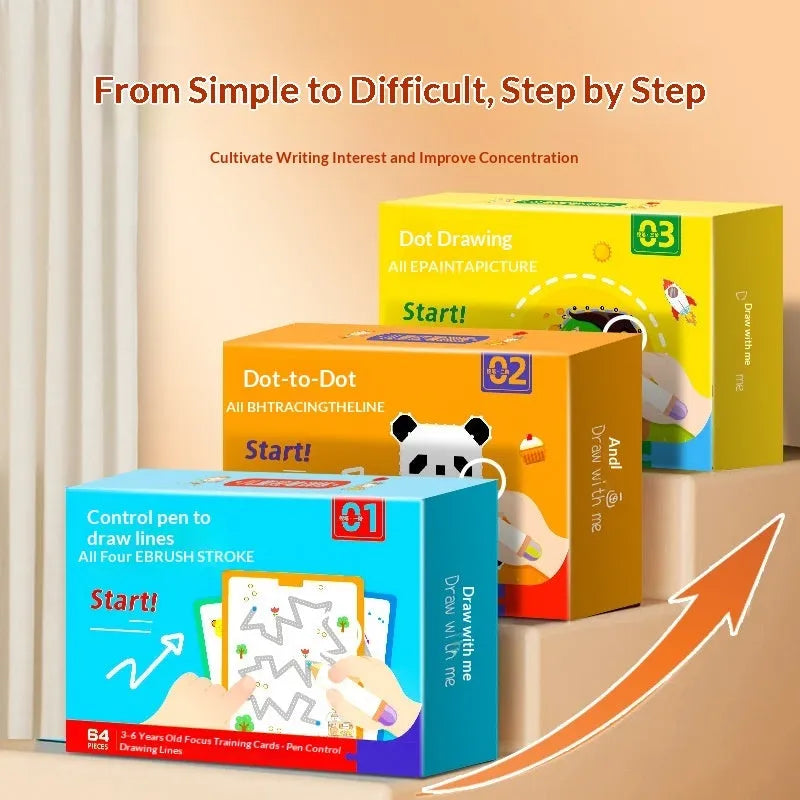 Children's erasable pen control training set with paper pages for ages 3-6, showing tracing and drawing stages.