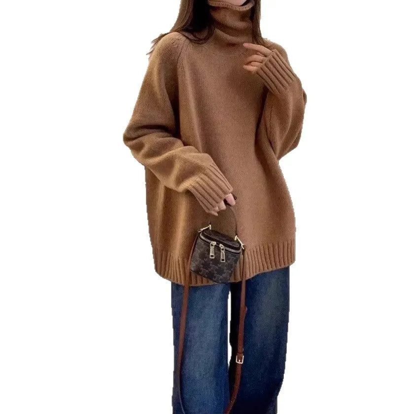 Loose red women's turtleneck sweater with thick curling collar, casual idle style.