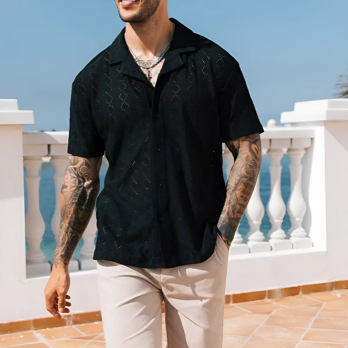 Men's hollow shirt slim fit woven polyester dotted casual top in white and black, sizes S to XXXL
