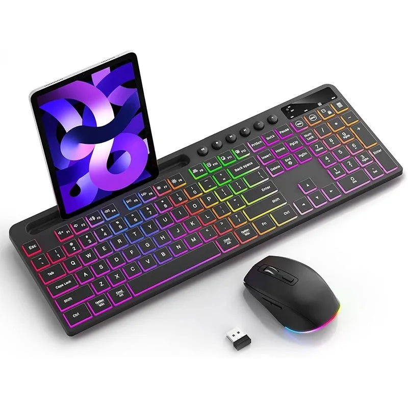 Black wireless keyboard and mouse set with card slot showing waterproof keyboard and 2.4GHz receiver