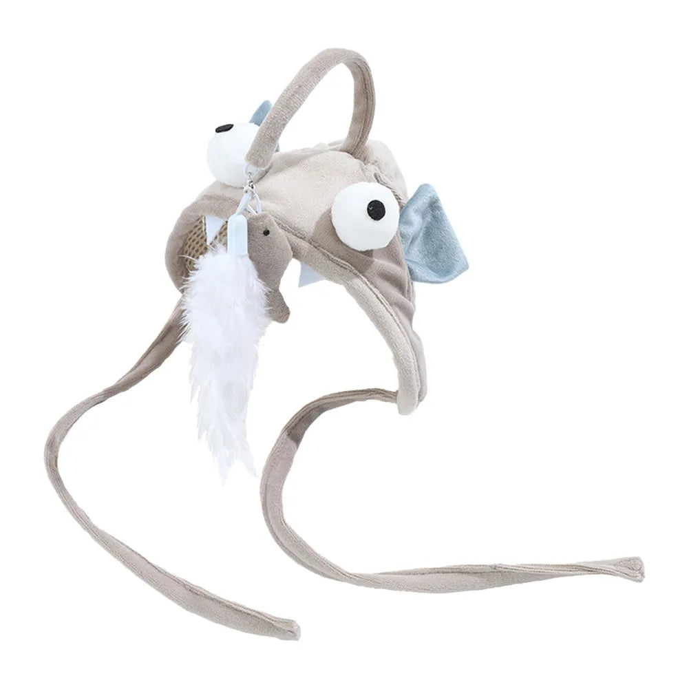 Grey dinosaur feather head teaser cat toy with adjustable neck strap for hands-free indoor play.