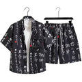 Men's floral printed polyester shirt and shorts set, loose cardigan style, black colour, front view on white background