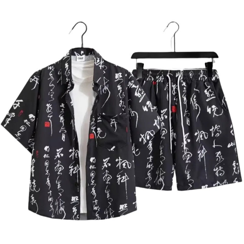 Men's floral printed polyester shirt and shorts set, loose cardigan style, black colour, front view on white background