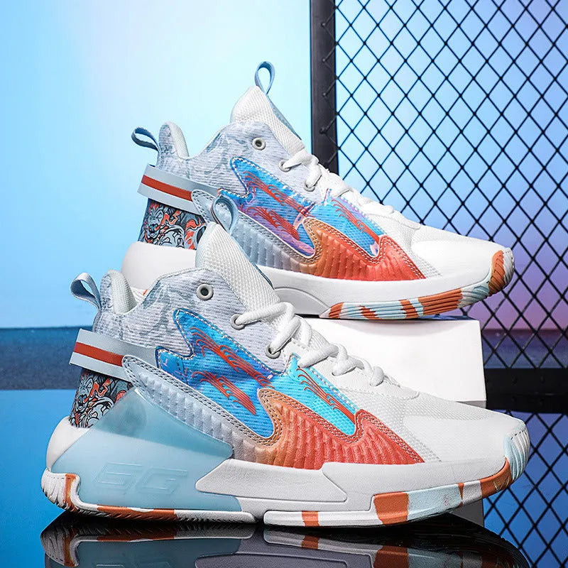 Luminous high-top basketball shoes in pink and blue with graffiti pattern for children