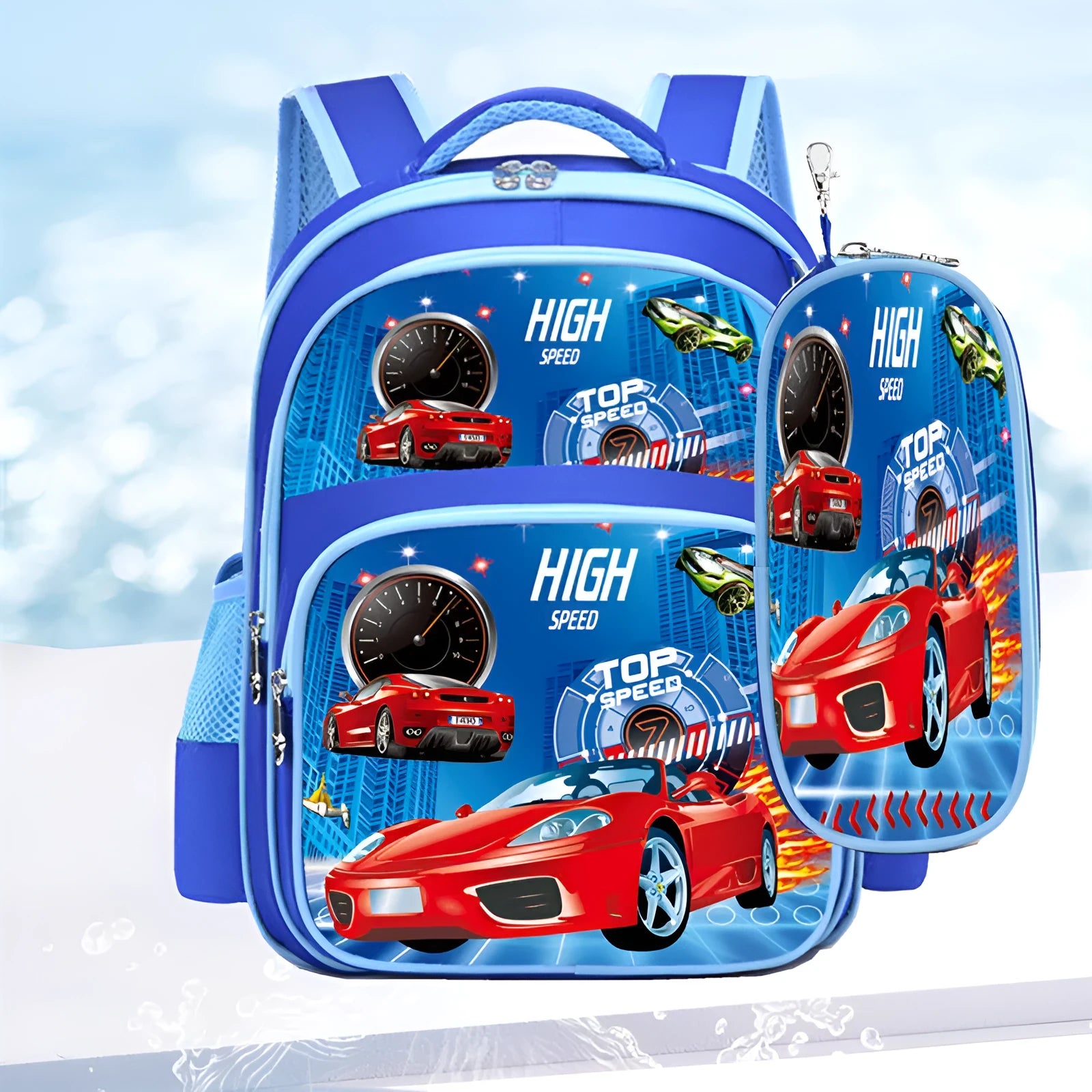 Blue cartoon anime print nylon school backpack for kids with pencil case.