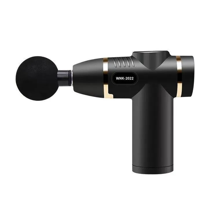 Compact mini massage gun in red, with USB port and control button, on white background