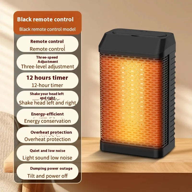 Black remote control oscillating desktop heater showing control knobs and dimensions 14.5x10x26cm.