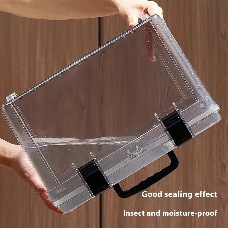 Transparent acrylic plastic storage box with a lockable lid, shown in 4L, 8L, and 11L size options.