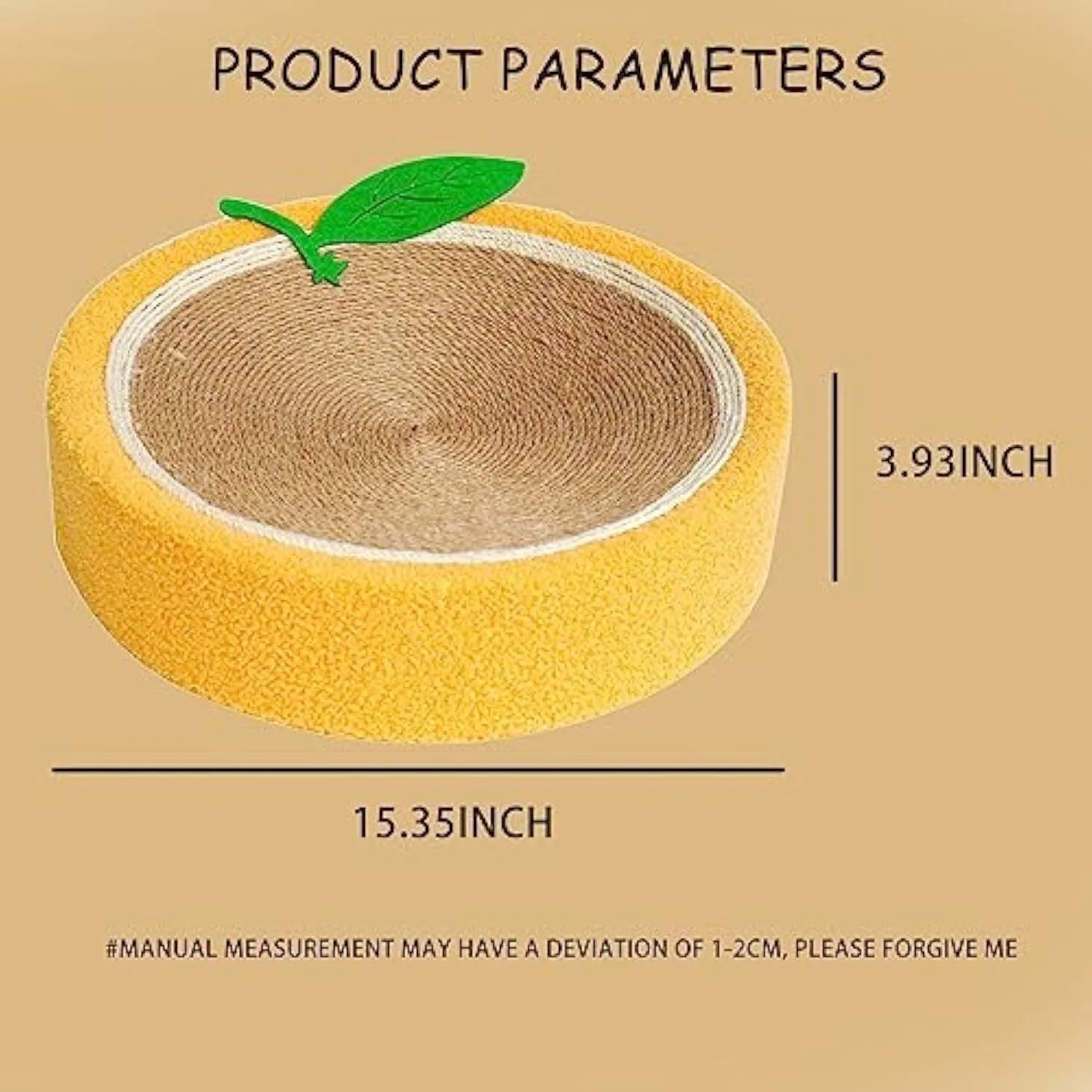 Yellow round fruit-shaped sisal cat scratching board with a shallow centre, shown on a floor.
