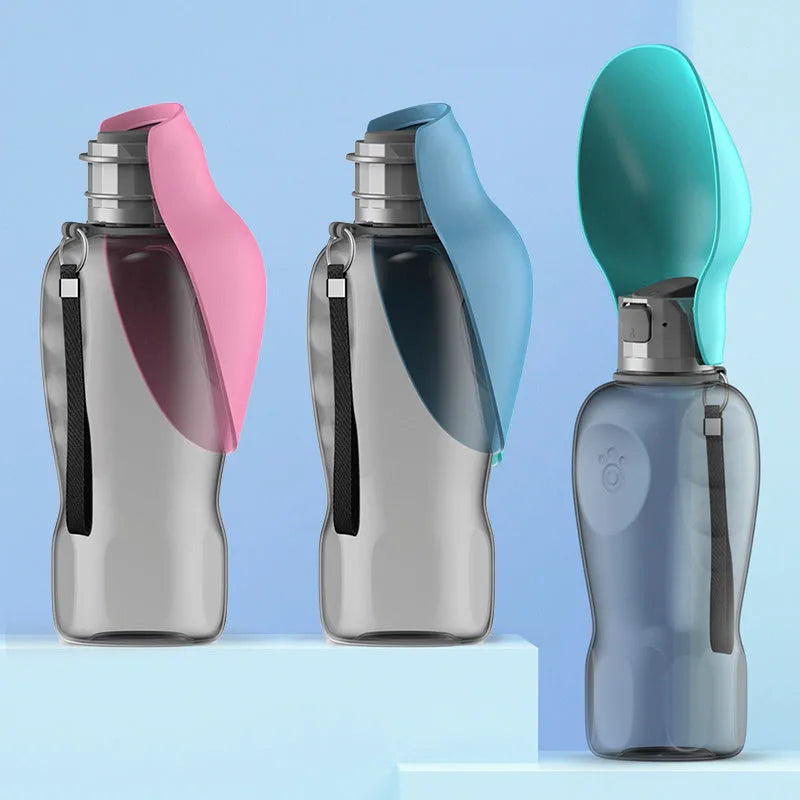 Blue-grey portable dog water bottle with foldable drinking bowl showing 800ml capacity markings