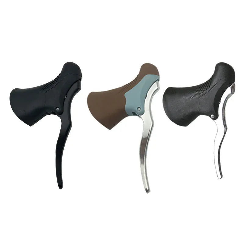 A pair of aluminium alloy road bicycle brake handles in black and black silver finishes.