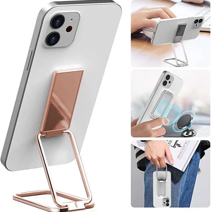 Silver foldable mobile phone holder with magnetic bracket showing adjustable viewing angles