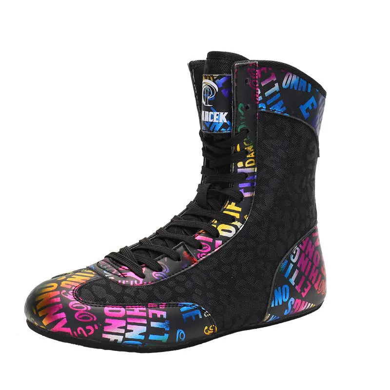 High-top combat training wrestling shoes with soft rubber soles in black gold colour
